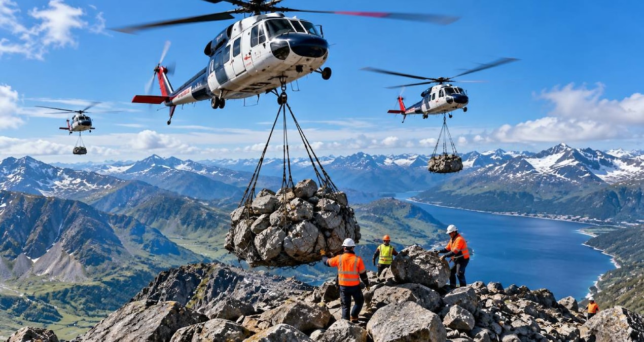 Binlerce ton taşı helikopterlerle dağa taşıdılar