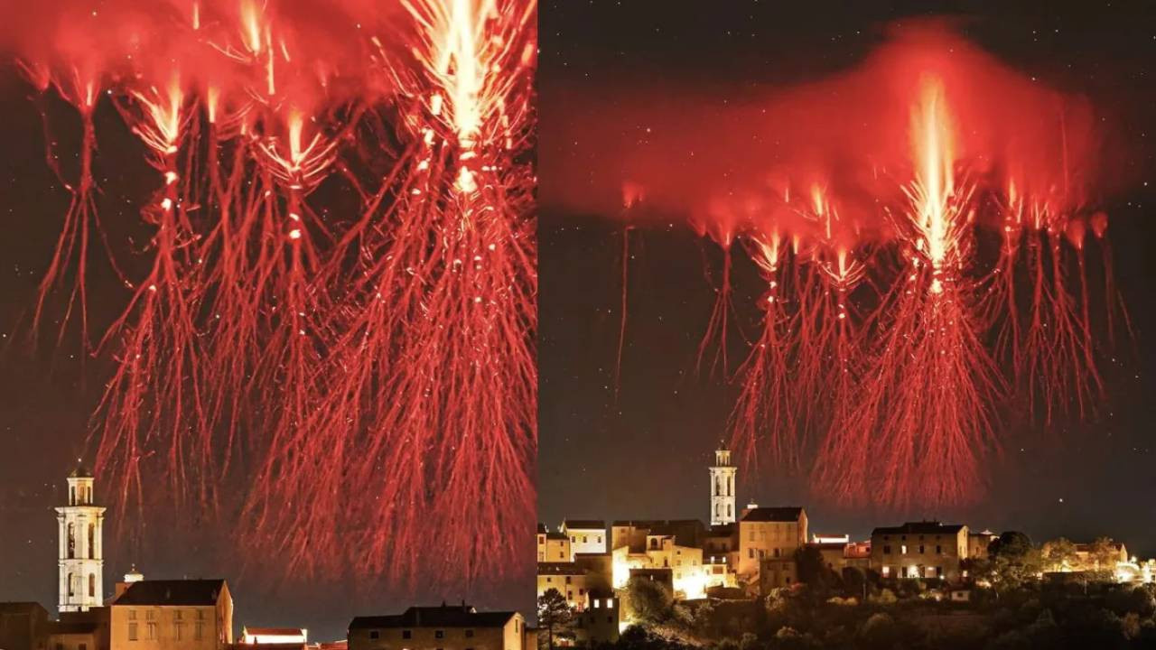 Uzaylı istilası sandılar: Gece vakti gökyüzünden kan kırmızısı alevler yağdı