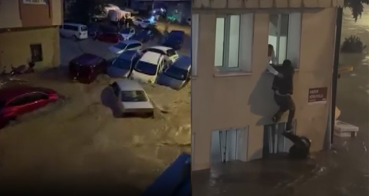 Sel suları araçları sürükledi, vatandaşlar böyle canını kurtardı