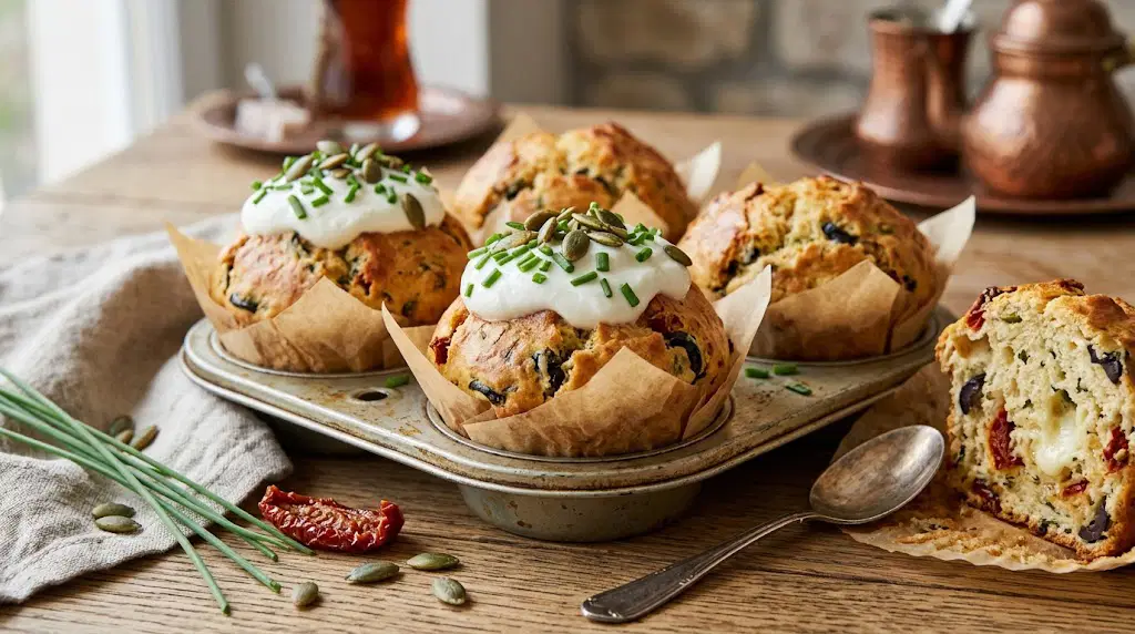 Kahvaltı ve çay saatlerine tuzlu lezzet: Kuru domatesli zeytinli muffin tarifi