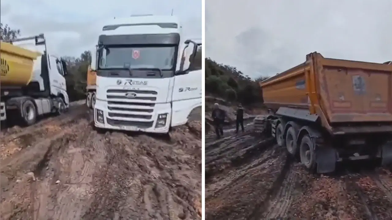 Çatalca'yı sağanak vurdu... Yol bataklığa döndü: Kamyonlar mahsur kaldı!